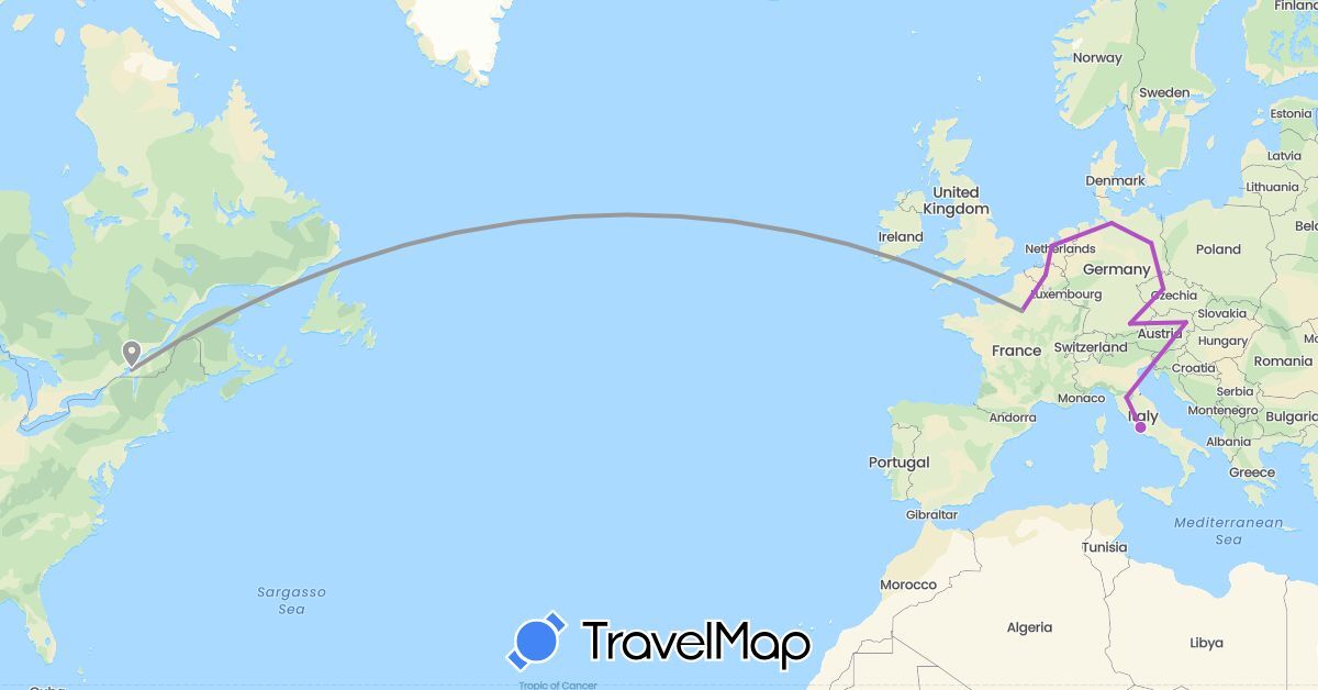 TravelMap itinerary: driving, plane, train in Austria, Belgium, Canada, Czech Republic, Germany, France, Italy, Netherlands (Europe, North America)